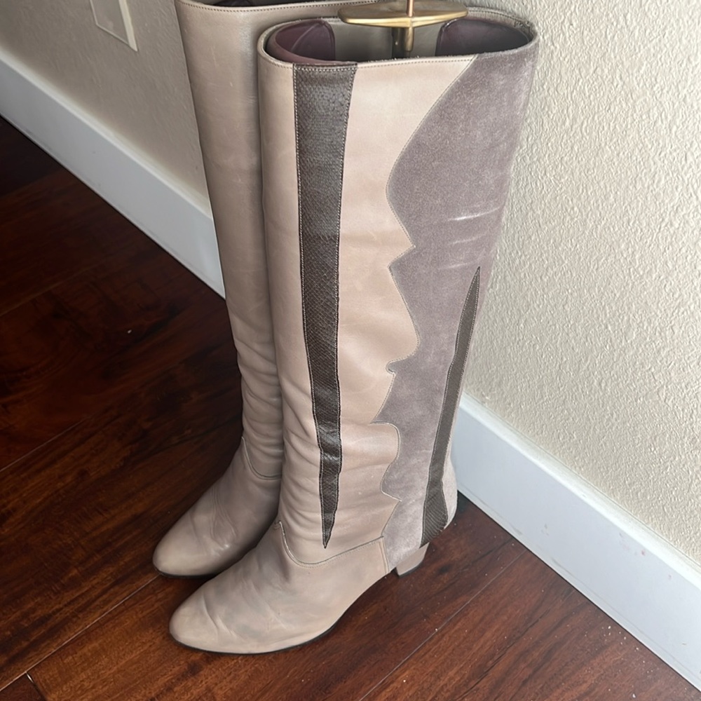 Vintage Charles Jourdan tan leather and suede high heeled boots. Made in France